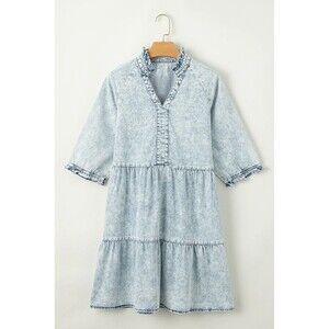 Acid Wash Retro Short Sleeve Flared Babydoll Style Denim Dress Ruffle Size XL